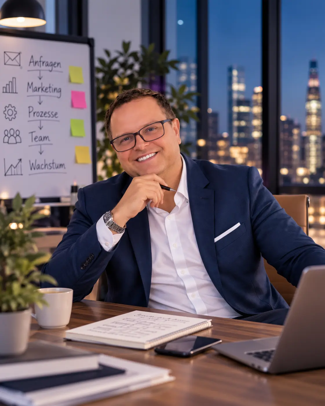 Jonny Seifert von NOVA ROCKS am Schreibtisch – vor dem Whiteboard: Anfragen, Marketing, Prozesse, Team, Wachstum
